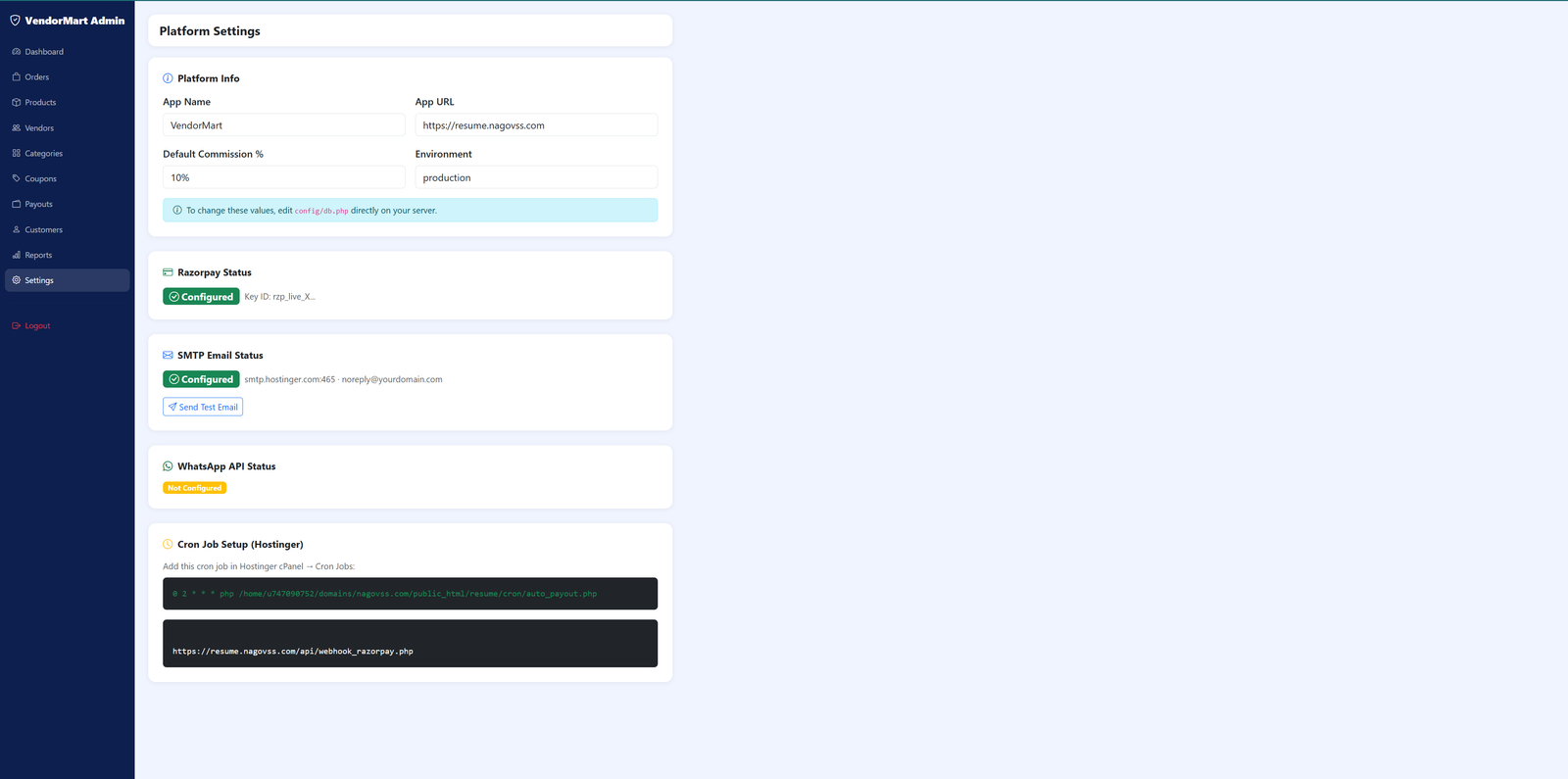VendorMart — PHP Multi-Vendor E-Commerce Platform with Razorpay & WhatsApp